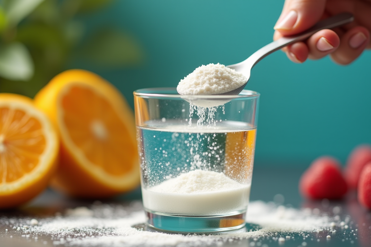 Poudre de récupération versée dans une gourde avec fruits frais et équipement