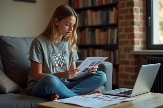 Jeune femme préparant son voyage pour le WWE Paris en consultant un guide et un site web de catch sur son canapé