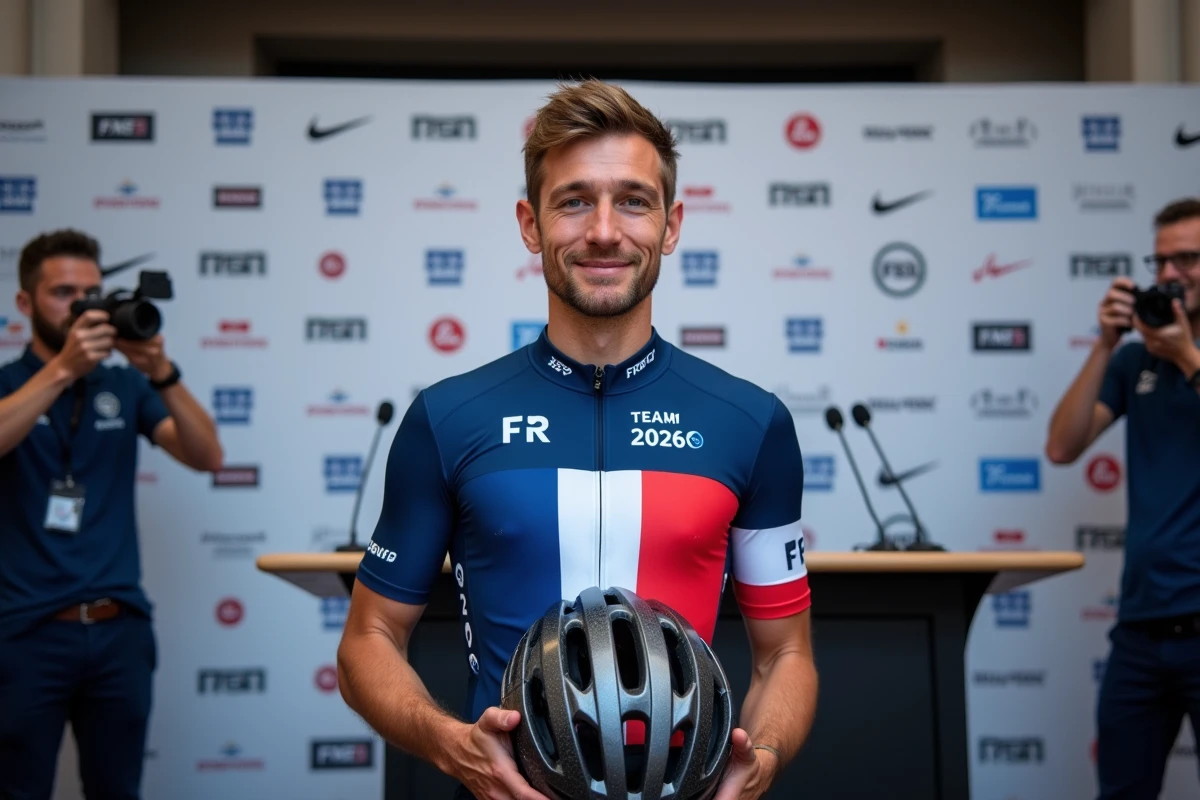 Cycliste professionnel présenté officiellement lors d'une conférence de presse en tant que nouvelle recrue d'une équipe française pour la saison 2026
