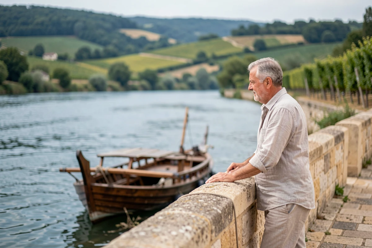 Vue sur la Dordogne depuis les quais de Bergerac avec gabare traditionnelle et vignobles en arrière-plan