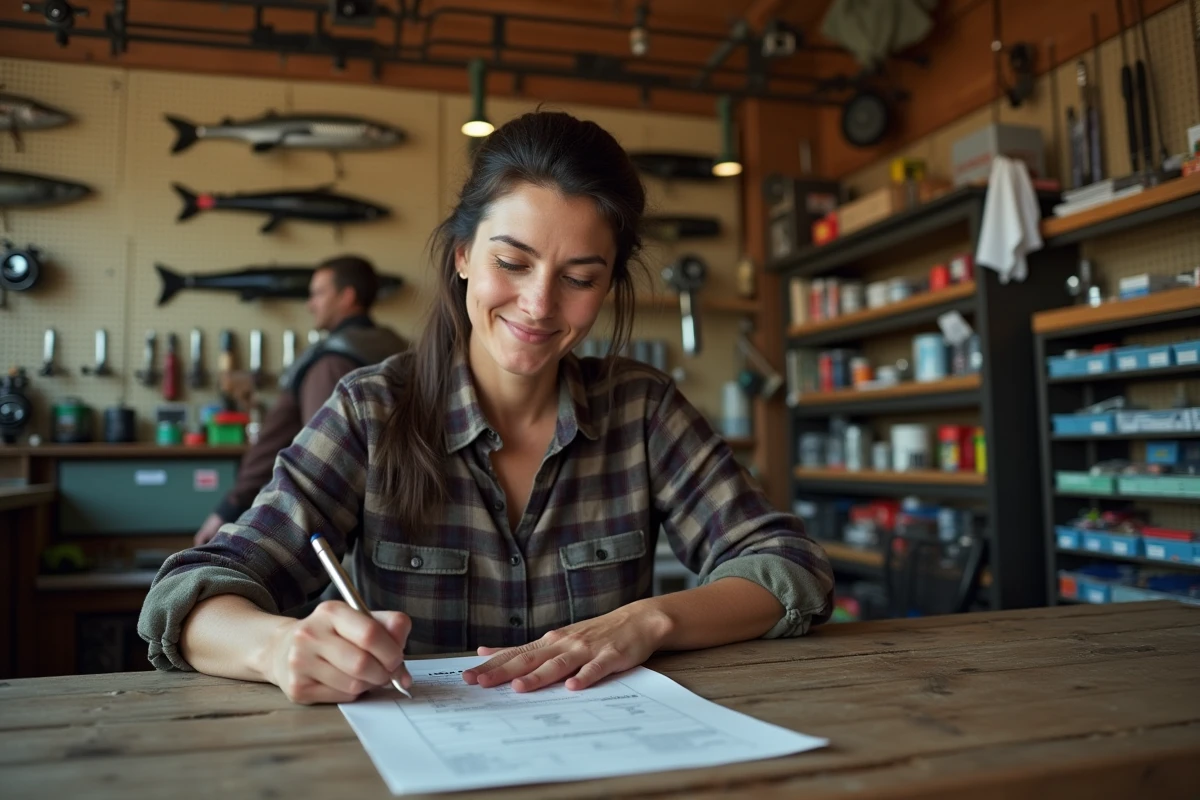 Femme remplissant un formulaire de renouvellement de permis de pêche dans un magasin de pêche