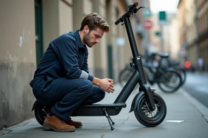 Mécanicien inspectant les freins et la roue arrière d'une trottinette Urban Glide 140 sur un trottoir urbain