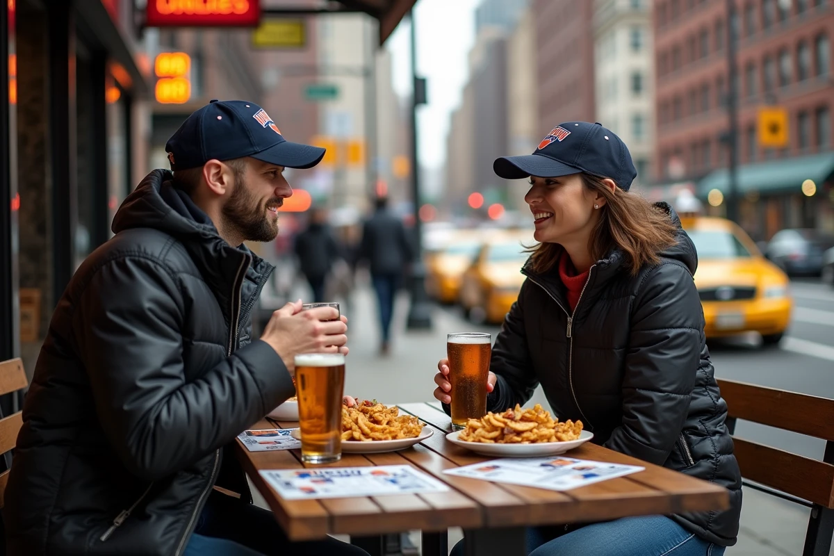 Couple de fans de basket partageant un repas en terrasse près du Madison Square Garden à New York avant le match