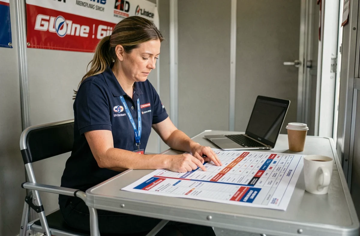 Responsable d'équipe de course analysant le calendrier de la saison 2026 du championnat FFCC dans l'hospitality
