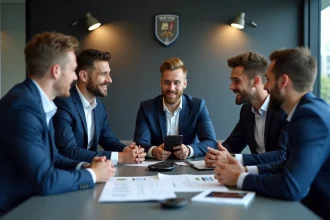 Groupe d hommes en costume dans une salle de réunion sportive