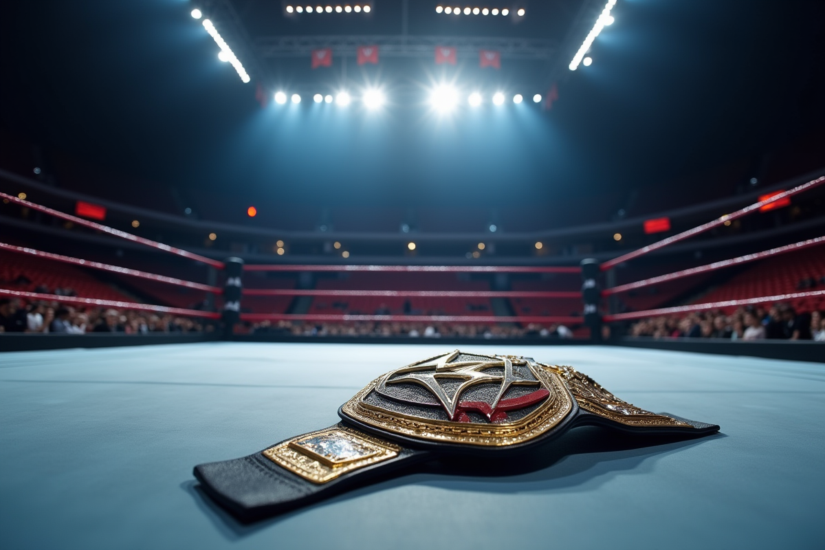 Ring de lutte vide avec ceinture de champion sur le sol après un événement