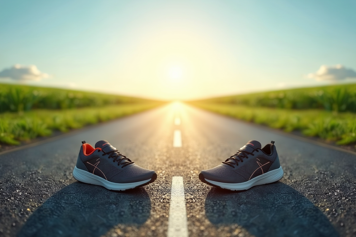 Route droite avec chaussures de course au premier plan