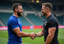 Deux joueurs de rugby se serrent la main après un match