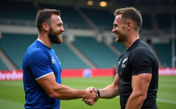 Match France – Nouvelle-Zélande : lieu et date de la rencontre de rugby Deux joueurs de rugby se serrent la main après un match