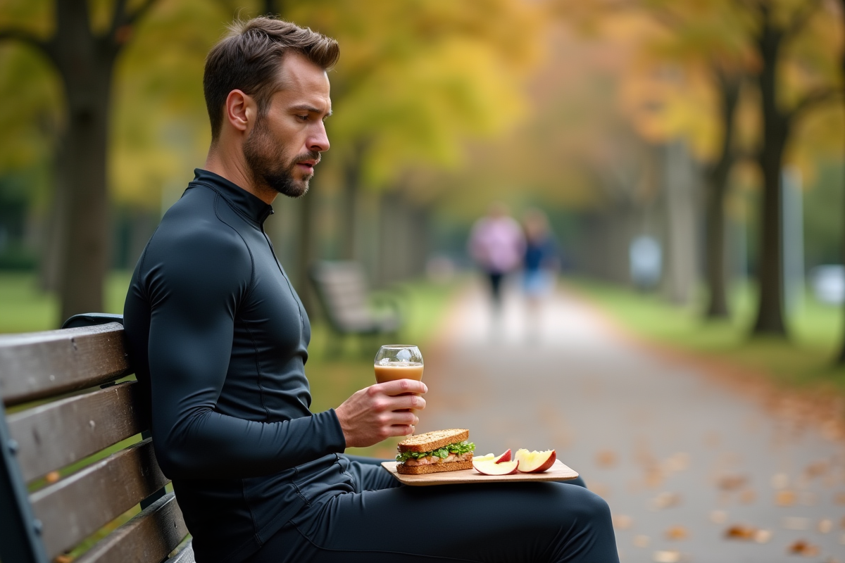 Coureur mangeant un sandwich dans un parc en automne