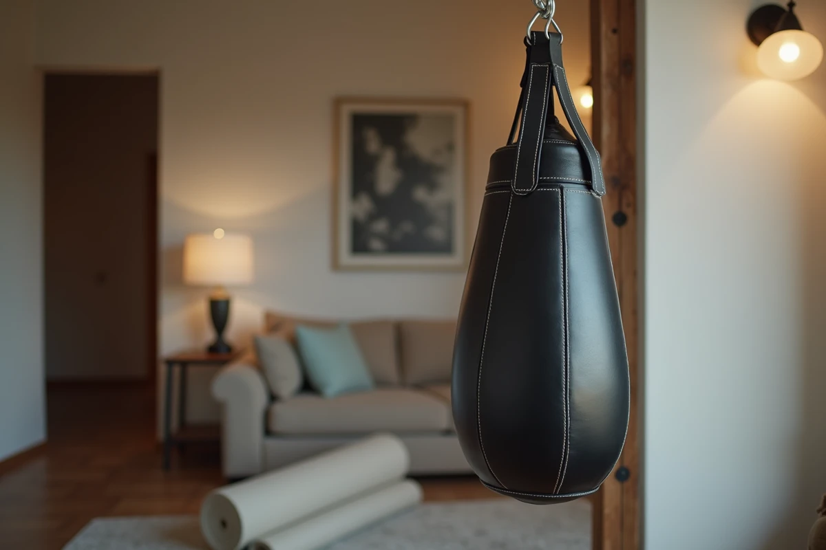 Sac de boxe classique en cuir noir accroché dans un coin entraînement d'appartement moderne