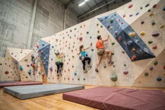 Vue d'ensemble d'une salle d'escalade indoor dans le Rhône avec grimpeurs sur un mur de blocs coloré