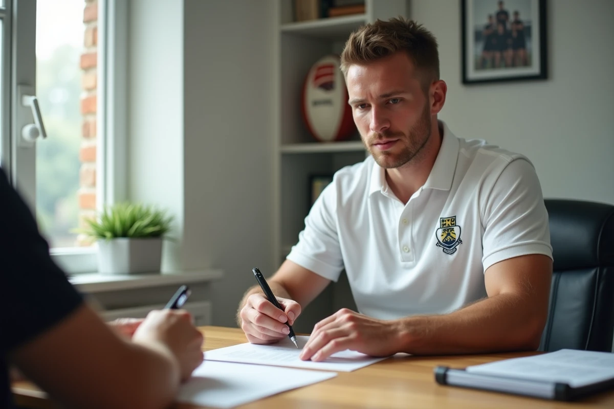 Joueur de rugby signant son contrat de transfert dans les bureaux d'un club de National 2 en 2026
