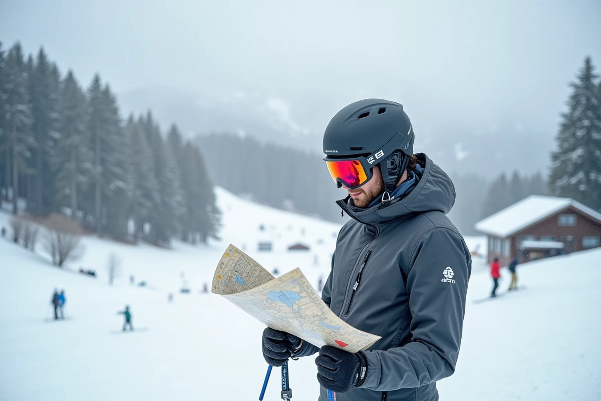 Skieur adulte consultant son forfait de ski et une carte des pistes à Villard-de-Lans dans le Vercors