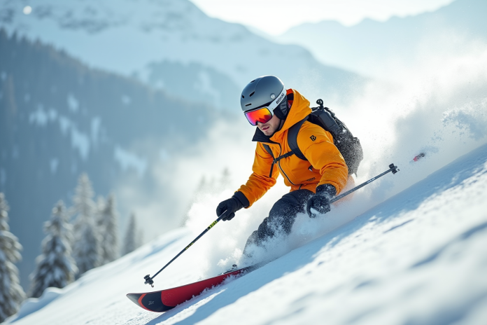 Jeune homme skieur en action sur une pente enneigee