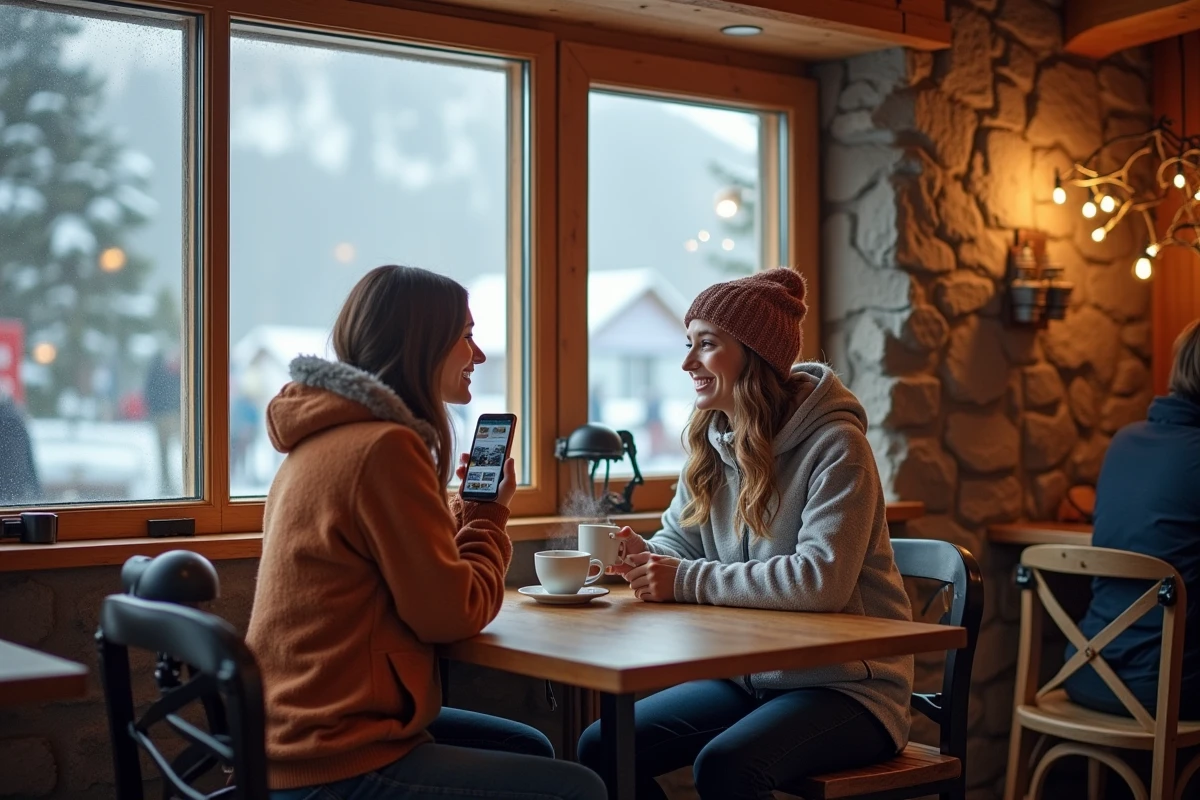 Deux skieuses comparant les offres de forfaits saison sur smartphone dans un café de station à Villard-de-Lans