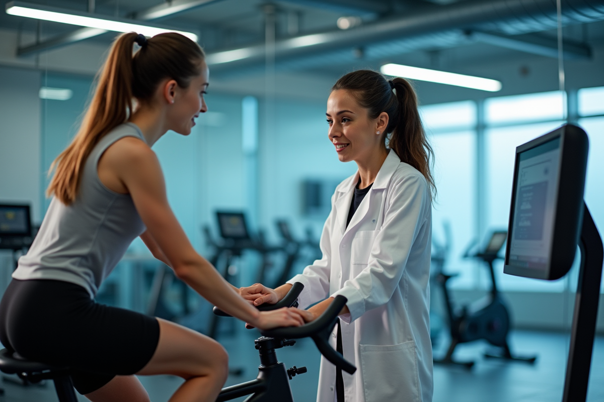 Scientifique sportive observant une cycliste en laboratoire