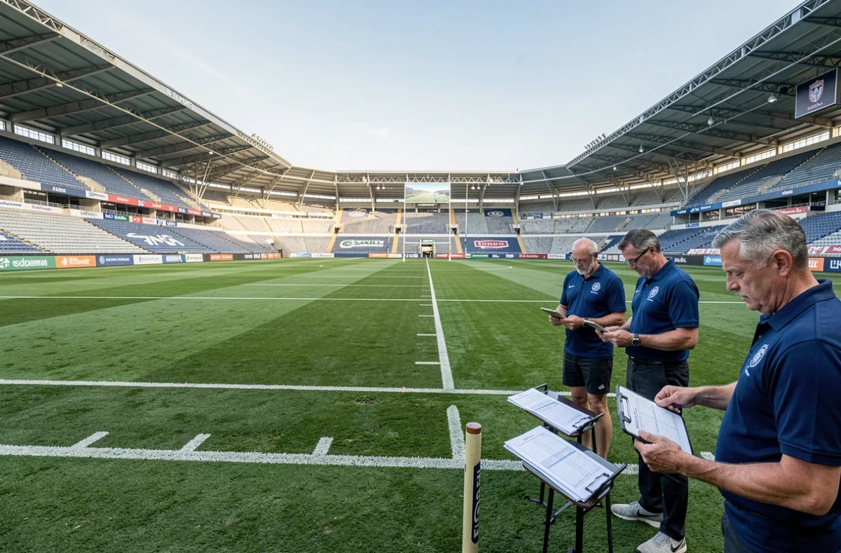 Vue panoramique d'un stade de rugby en Nationale avec le staff technique analysant le calendrier de la saison sur pelouse
