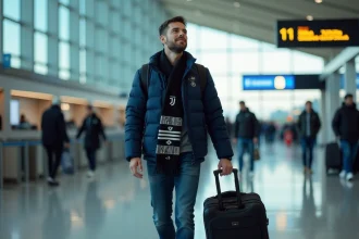 Supporter de la Juventus traversant le hall de l'aéroport de Turin avec une valise cabine et une écharpe noire et blanche