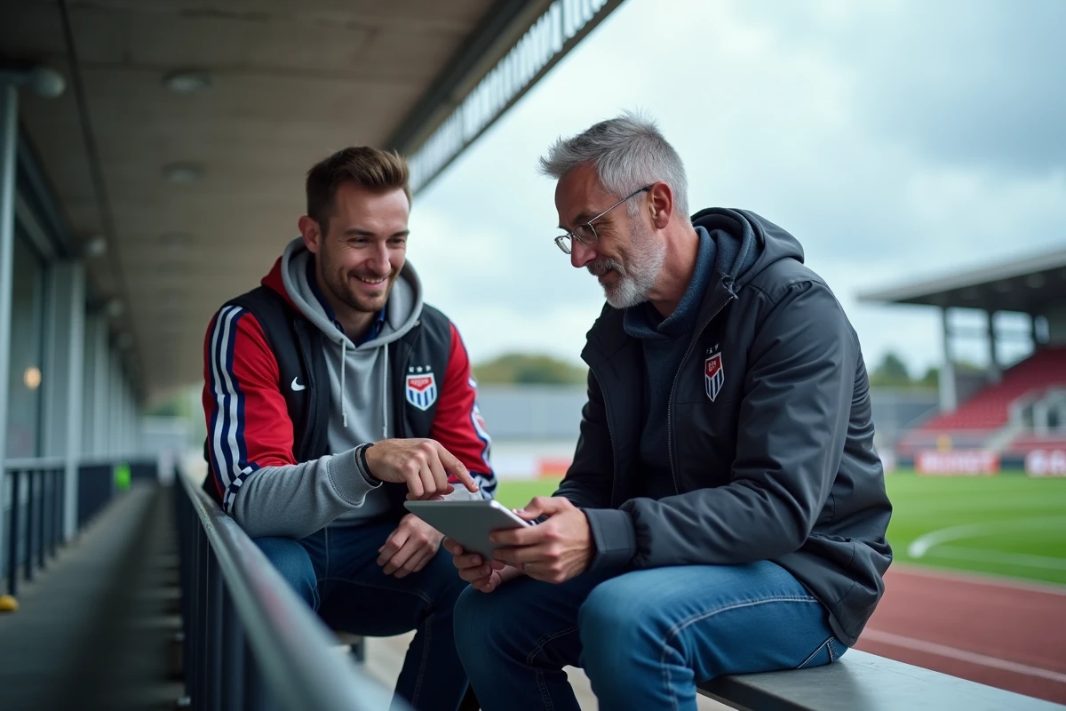 Deux supporters du Stade Brestois configurant ensemble les notifications du forum sur une tablette devant le stade Francis-Le Blé