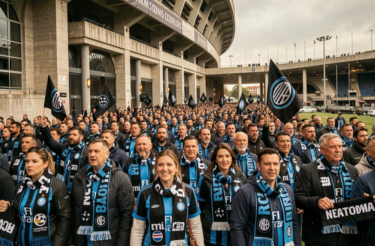 Supporters de l'Inter Milan rassemblés devant un stade européen avant un match de Ligue des Champions
