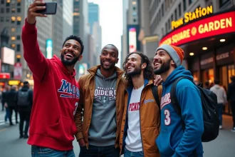 Groupe de supporters NBA en maillots de basket devant le Madison Square Garden à New York avant un match