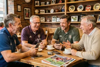 Groupe de supporters de rugby discutant autour d'une table de café avec des smartphones et une revue sportive