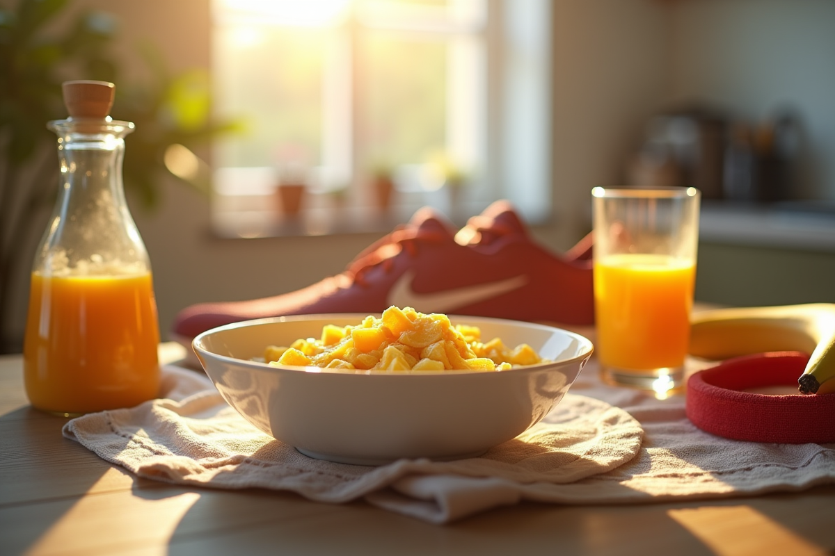 Petit déjeuner avec œufs brouillés et jus d