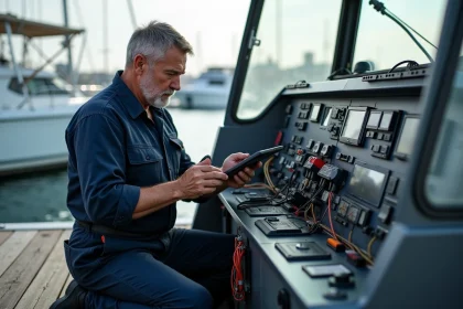 Technicien marin en tenue examine une tablette numérique à la marina
