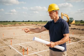 Ingénieur sur un terrain de padel en cours de balisage avec piquets et plans de construction