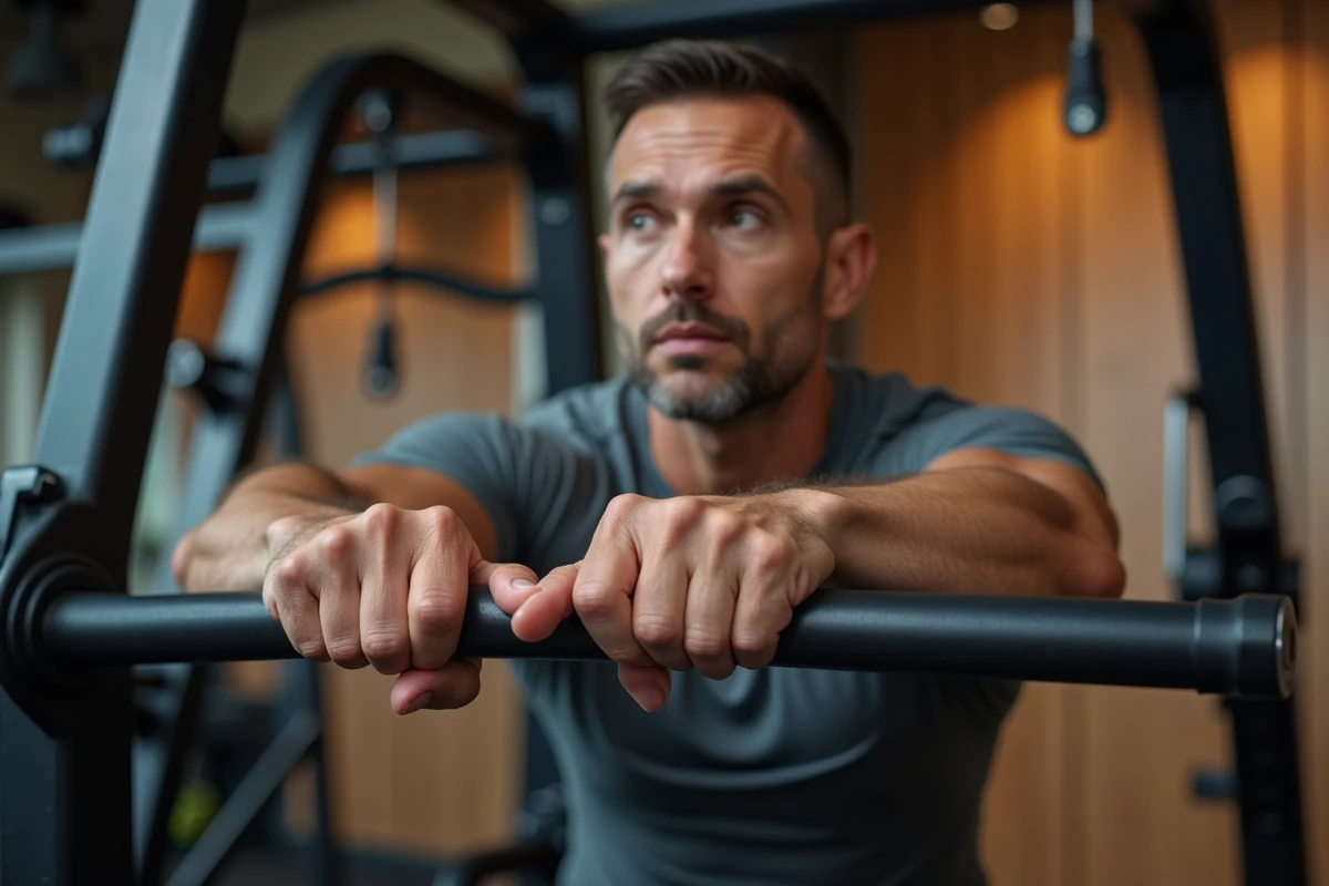 Gros plan sur la prise en main d'une barre de tirage poulie dos, détail du grip correct avec poignets alignés et doigts bien enroulés autour de la barre