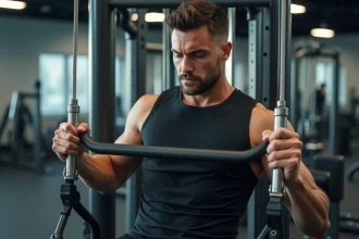 Homme effectuant un tirage poulie dos avec une prise large sur barre droite en salle de musculation, vue de 3/4 mettant en évidence la rétraction des omoplates