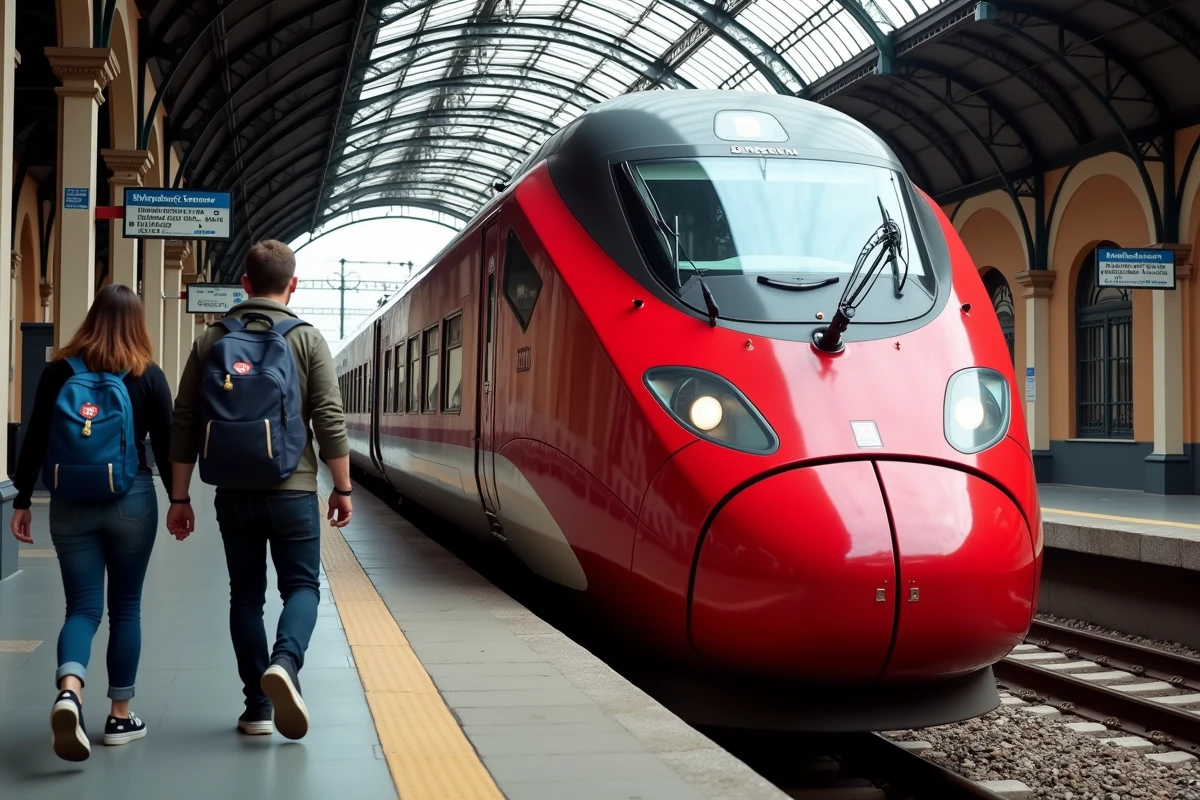 Passagers embarquant dans un train Frecciarossa à la gare de Turin Porta Nuova pour rejoindre un match de la Juventus