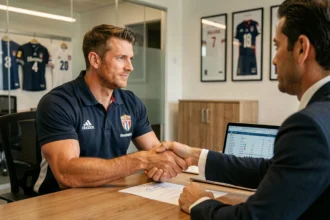 Joueur de rugby professionnel signant un contrat de transfert avec son agent dans un bureau sportif moderne
