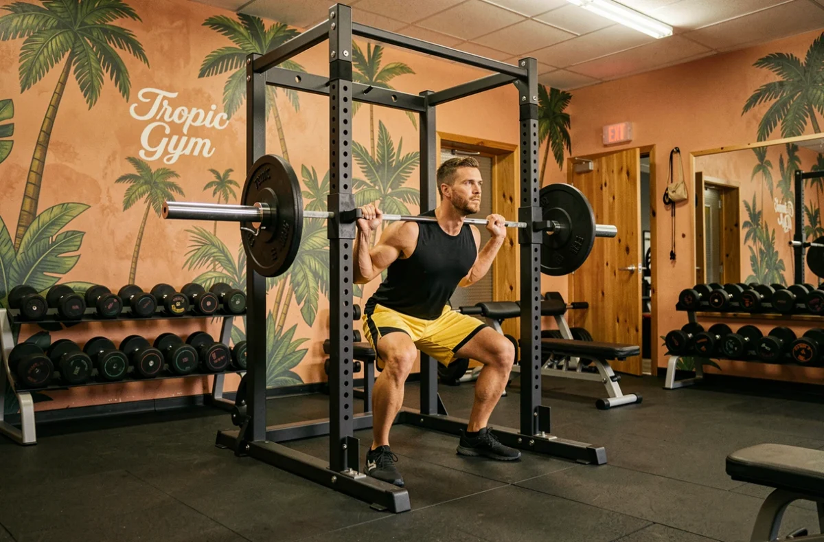 Homme effectuant un squat barre dans la salle Tropic Gym à l'ambiance tropicale