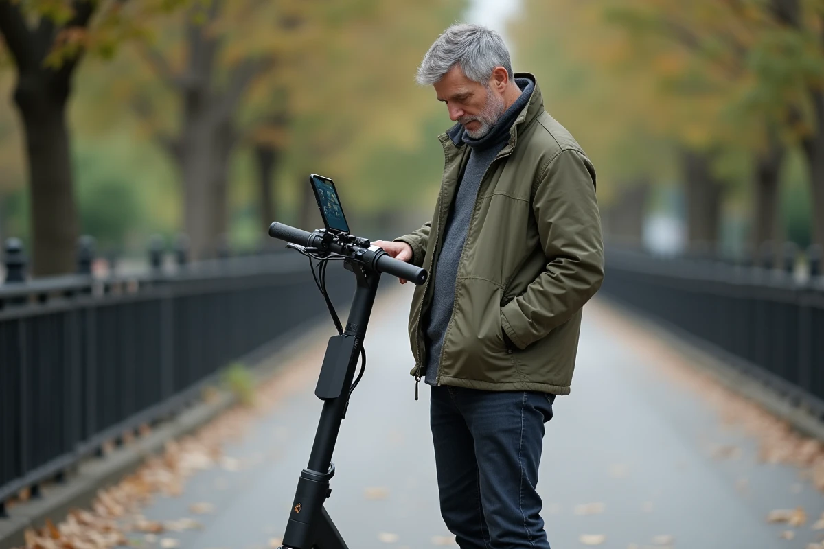 Homme examinant le mécanisme de pliage et le guidon d'une trottinette Urban Glide 140 en extérieur
