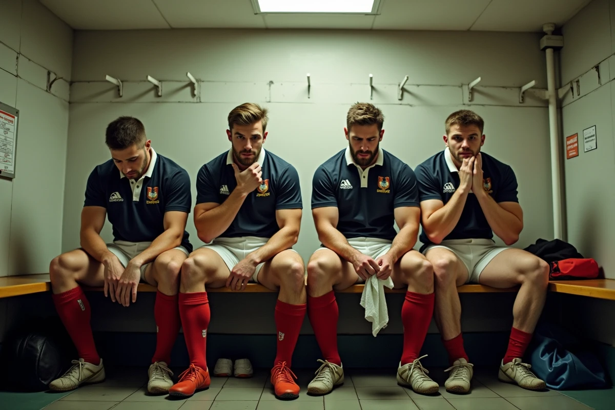 Joueurs de rugby dans le vestiaire après un match décisif pour le maintien en Fédérale 2
