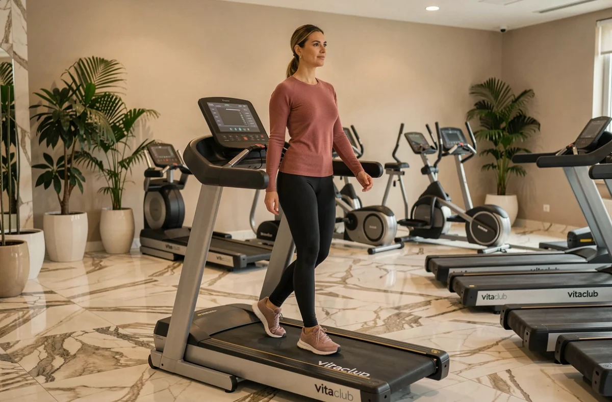 Femme utilisant un tapis de course haut de gamme dans la salle Vitaclub
