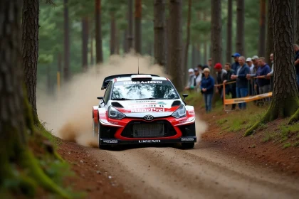 Voiture de rallye en dérapage sur une route forestière lors d'une spéciale en 2026