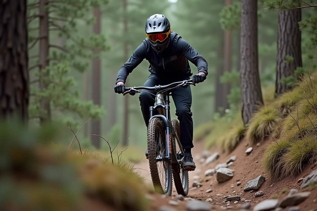 VTTiste masculin en action sur sentier pierreux avec fourche à suspension avant comprimée sur obstacle naturel en forêt